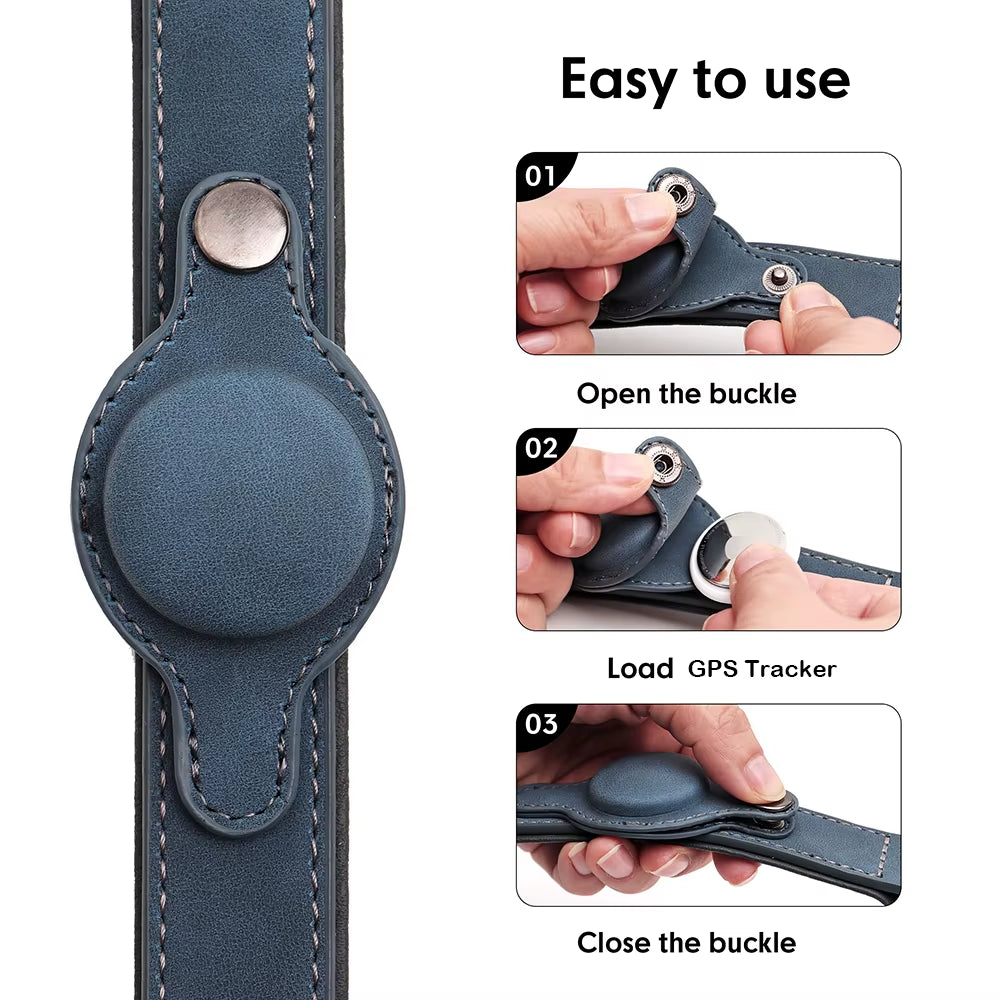 Adjustable Soft PU Leather Dog Collar with GPS Tracker Holder – Perfect for Small to Medium Dogs