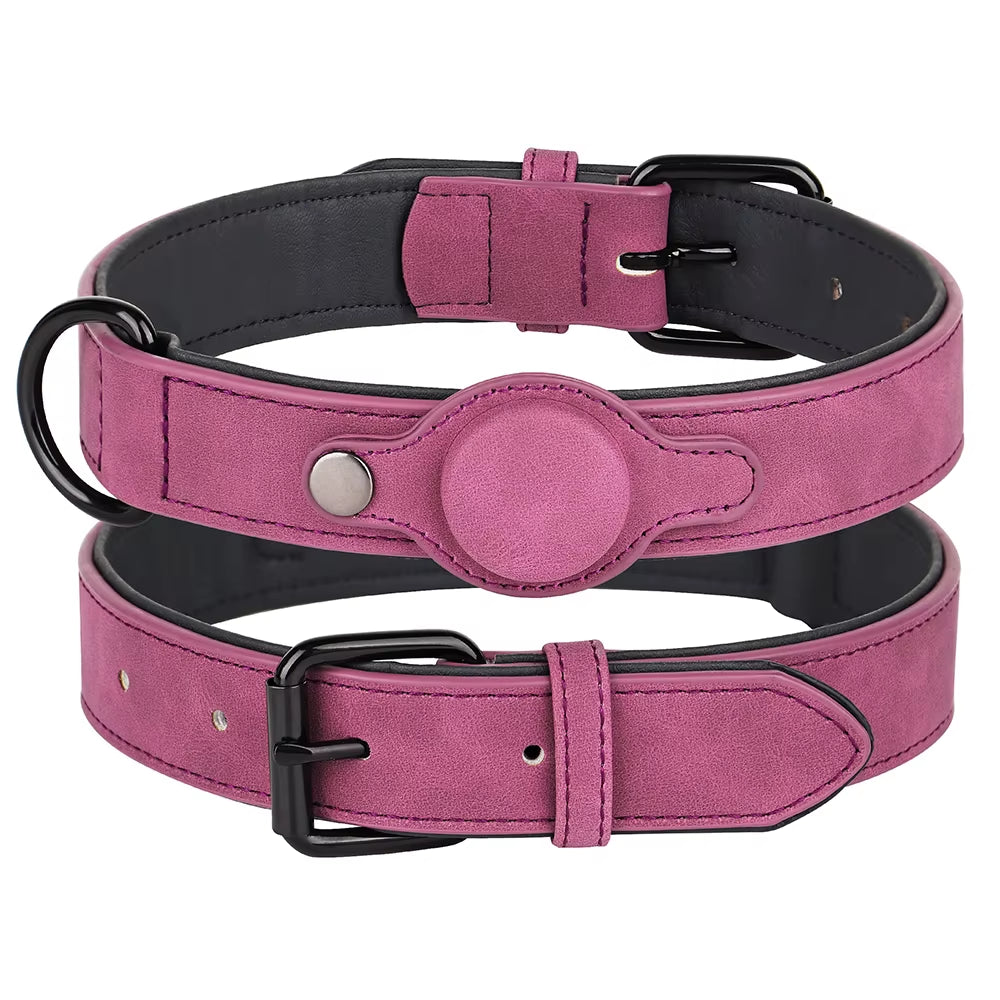 Adjustable Soft PU Leather Dog Collar with GPS Tracker Holder – Perfect for Small to Medium Dogs