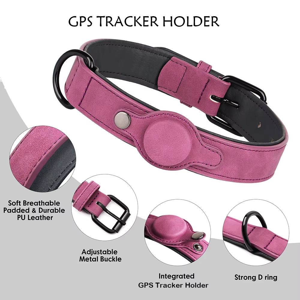 Adjustable Soft PU Leather Dog Collar with GPS Tracker Holder – Perfect for Small to Medium Dogs