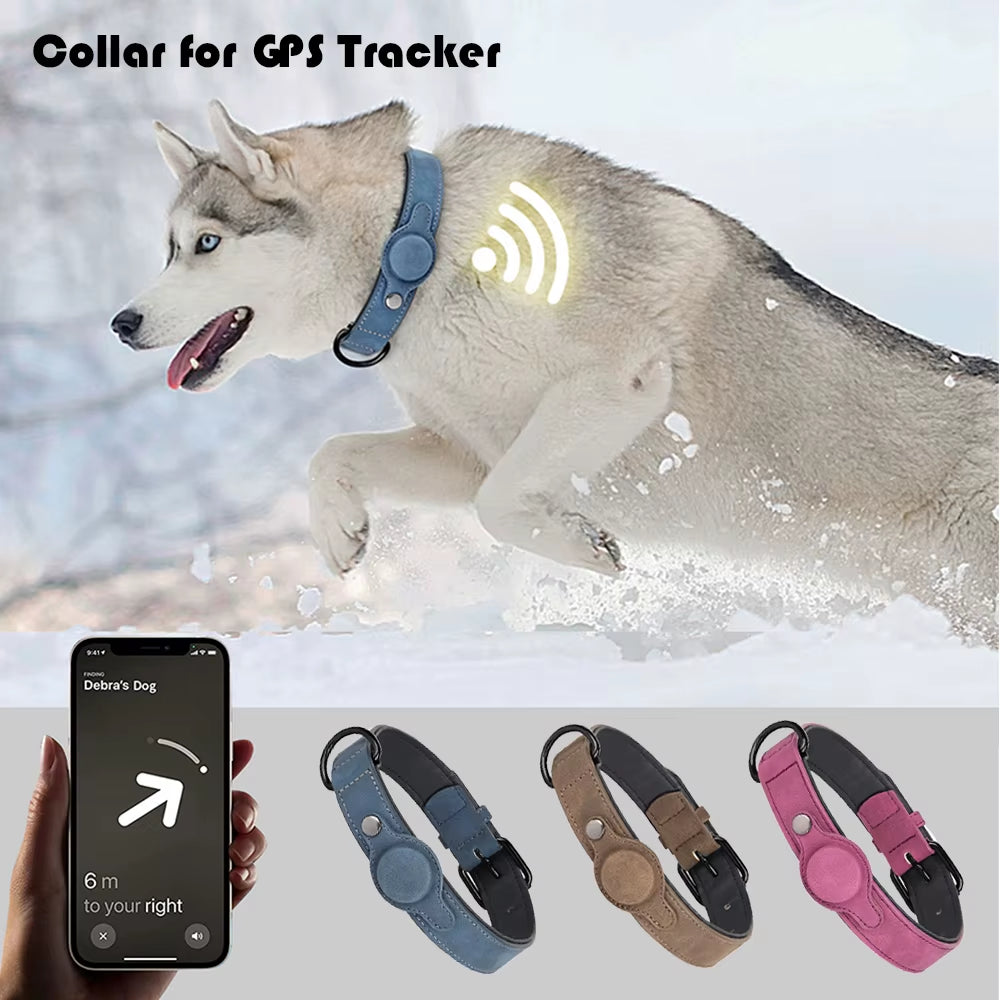 Adjustable Soft PU Leather Dog Collar with GPS Tracker Holder – Perfect for Small to Medium Dogs