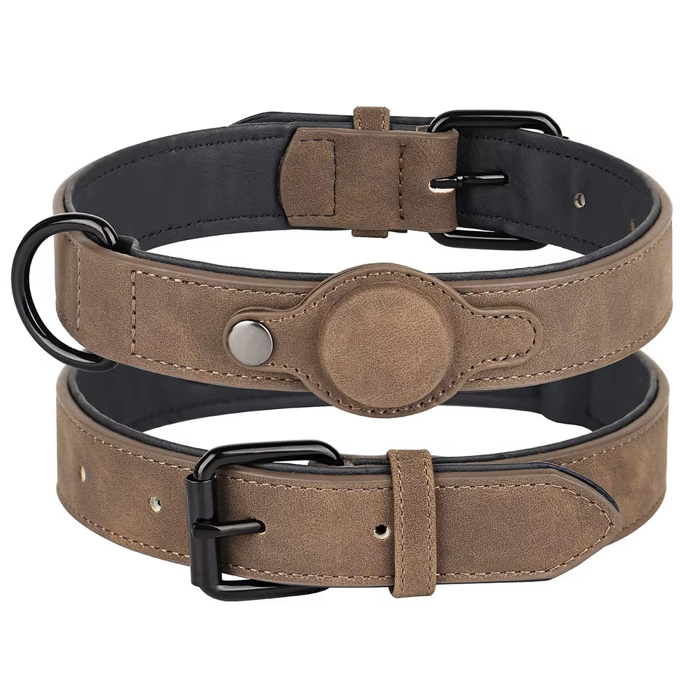 Adjustable Soft PU Leather Dog Collar with GPS Tracker Holder – Perfect for Small to Medium Dogs